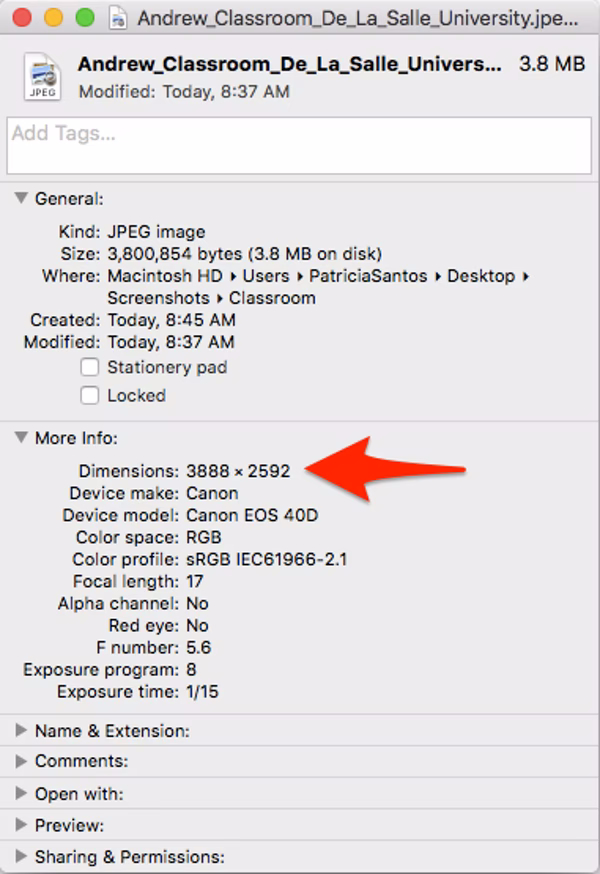 osx photo properties